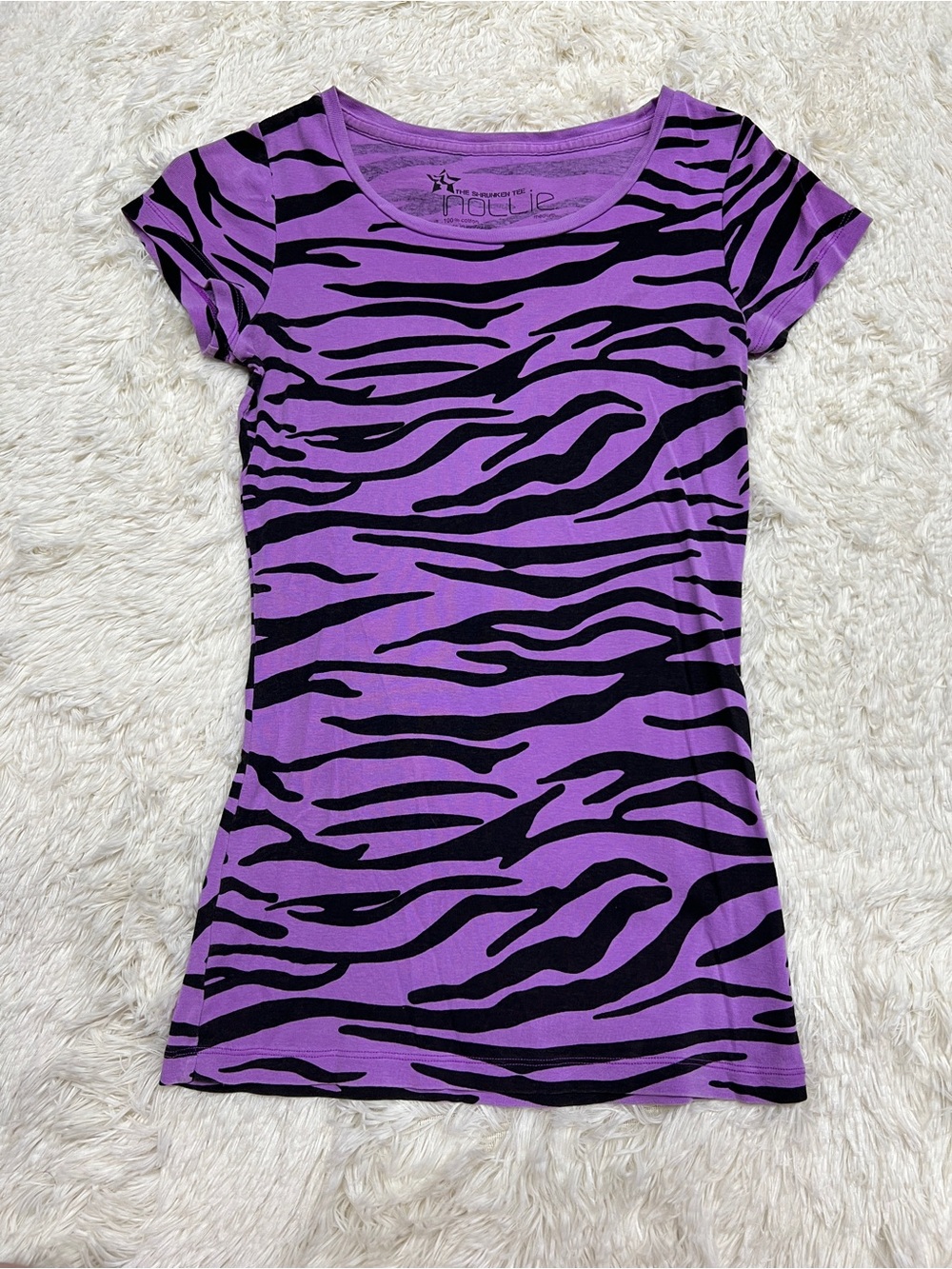 Nollie Purple and Black Zebra Stripe Short Sleeve Baby Doll Tee Y2K Scoop Neck - Picture 11 of 11